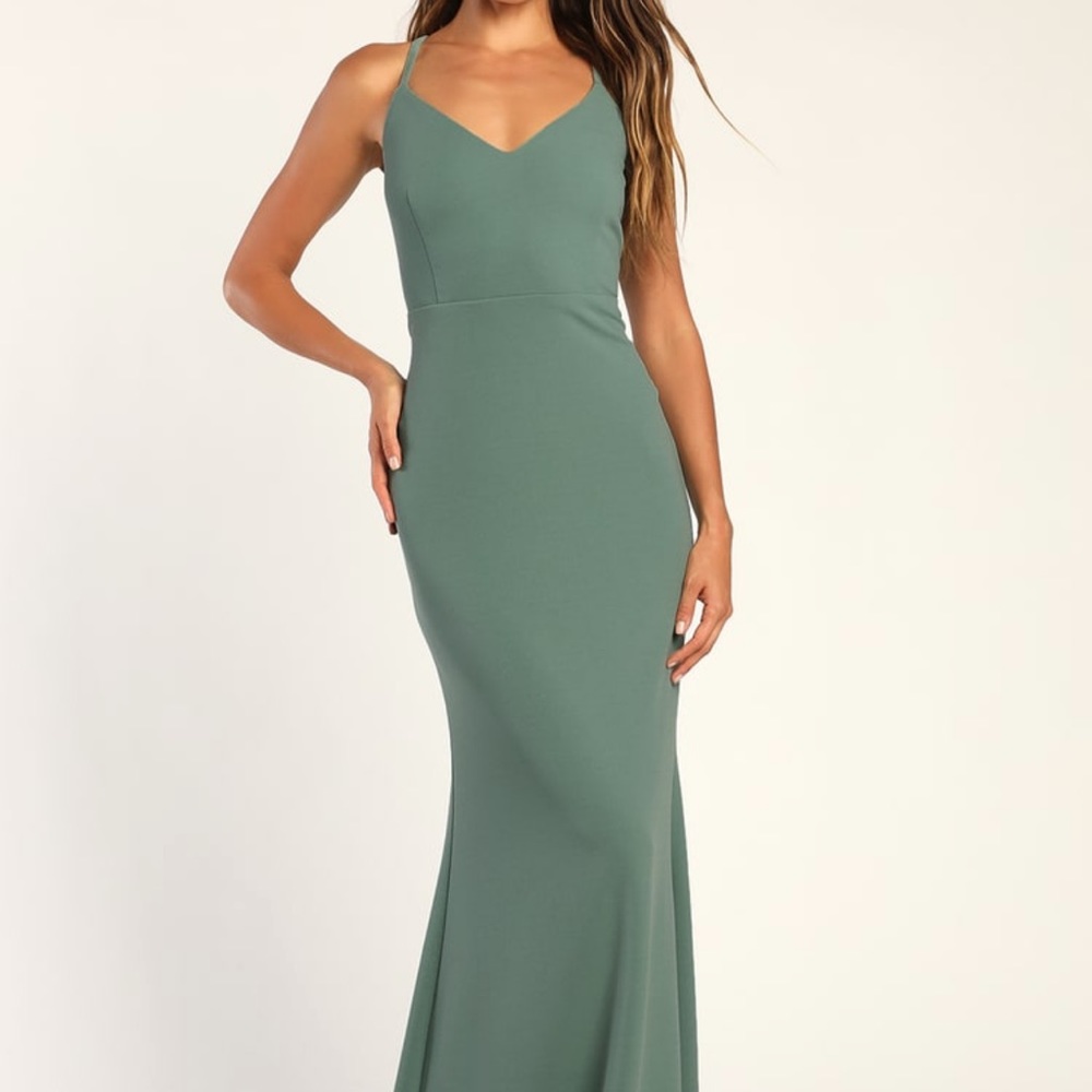 Lulu’s Moments Of Bliss Dusty Seafoam Backless Mermaid Maxi Dress